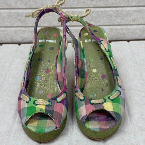 Not Rated Plaid Espadrille Wedge Sandals Peep Toe Slingback Women 8.5 - Picture 2 of 11